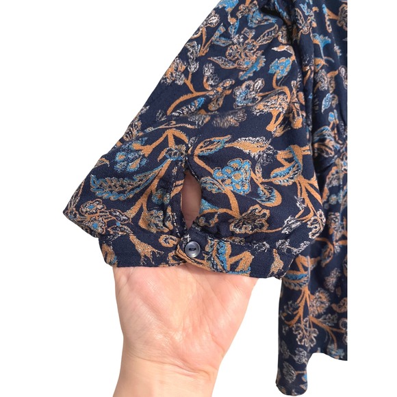 Lucky Brand Boho Navy Paisley Faux Wrap Peplum Blouse Long Sleeve Ruffle Neck XL - Picture 3 of 10